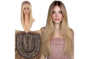 Elailite Hair Topper Donna Clip in con Frangia per Capelli Castano Medio/Biondo Miele/Biondo Pallido, Posticci con Clips Middle Parting Toupet Toupee Protesi 45cm 175g (Base 15cm*15cm)