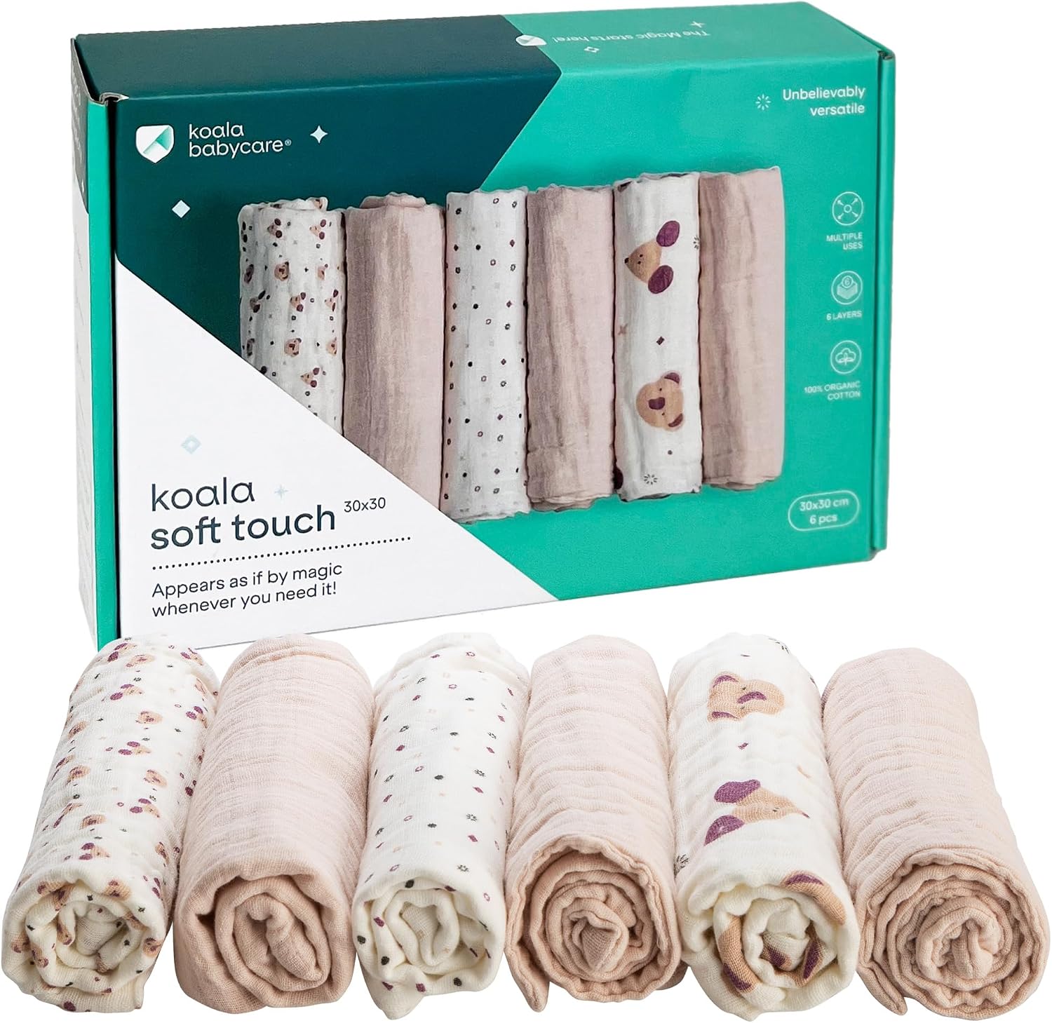 KOALA BABYCARE - Muselinas Bebe Algodon 30x30 - Paquete con 6 Unidades - Muselinas de algodón para recién Nacidos bebés