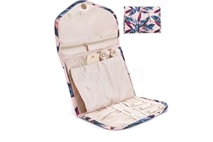 Periea ‘Cleo’ Travel Jewellery Organiser Roll Foldable Jewelry Case for Journey - Rings, Necklaces, Bracelets, Earrings (Peach Leaves, Medium)