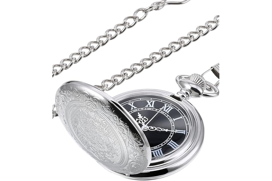Hicarer Quartz Pocket Watch for Men with Black Dial and Chain Vintage Roman Numerals Christmas Gifts Birthday