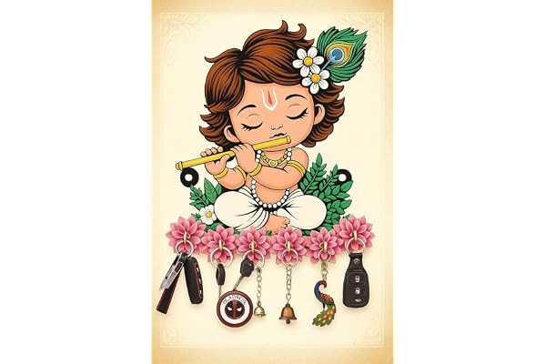 CAPIO ART Designer Premium HD UV Printed Krishna Key Holder for Wall Lord Krishna Playing Flute Design Multipurpose Key Stand for Home & Office Decor Key Hanger with 7 Hooks, Multicolor