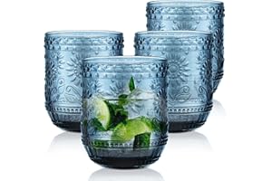 Joeyan Verre a Eau coloré Lot de 4, 360ML Empilable Bleu Ensemble de Verres à Boire Gobelet Vintage en Relief Fleur, pour Jus Boissons Bière Cocktail Limonade jus, Lavables au Lave-Vaisselle