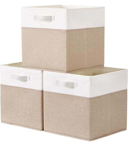 Mangata stoffen opbergmanden, 33 x 38 x 33 cm Grote opvouwbare opbergdozen voor het organiseren van kledingplanken, kinderkamer, kast (beige/wit, set van 3