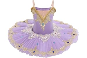 IDOPIP Enfant Fille Costumes de Ballet Danse Tutu Robe Perles Strass Fleurs Broderie Dentelle Cygne Col en V Fines Bretelles