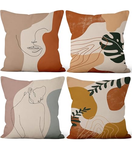 Set De 4 Housse De Coussin Boho 40x40 Cm - Chat Noir, Plante, Soleil Lune - Taie D'Oreiller Décorative En Lin