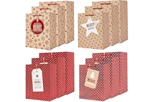DIMETEY 12Pack Christmas Paper Gift Bags,Assorted Sizes Gift Bags (4 Extra Large 15", 4 Large 13",4 Medium 9") with Handle for XMAS Present (Red & Brown)