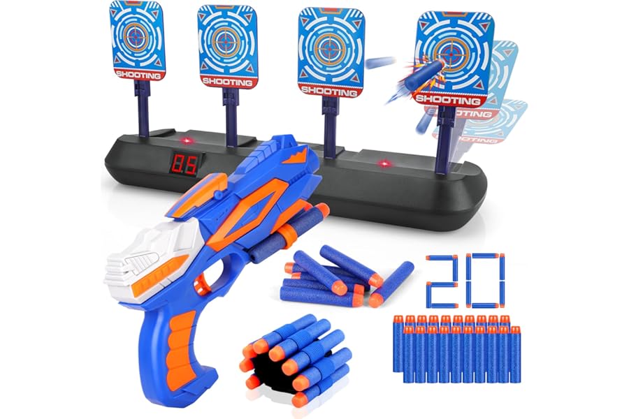 Electronic Digital Target with Gun Toy for Nerf, Pistol Toy with Foam Bullets for 3 4 5 6 7 8 9 10 Year Old Kids Boy Girl Children Shooting Game Xmas Birthday Gift Present Stocking Filler Cool Stuff