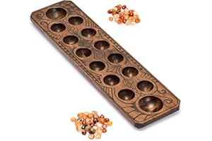 Yellow Mountain Imports Juego Mancala con Tablero de Madera Maciza de 44 centímetros y Piezas de Juego de Guijarros de Cuarzo