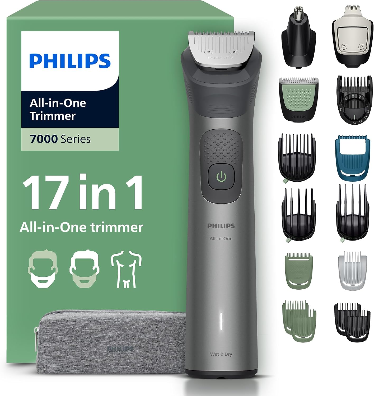 Philips Multigroom 7000 Series All-in-One 17-Piece Trimmer - Shaver and Clipper for Face, Head & Body, Self-Sharpening Full Metal Blades, 26 Length Settings (0.5-20 mm), Model MG7961/15