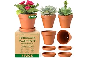 Green Thumbz Terracotta Plant Pots - 15cm x 4 Pack Large Brown Clay Pots with Saucer and Drainage Hole - Indoor or Outdoor Use