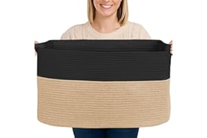 Toemics Large Cotton Rope Storage Basket with Handle 65L Soft Laundry Hamper for Blanket, Pillow, Toy, Clothes Collapsible Woven Basket for Bedroom, Living Room, Nursery, 55x38x30cm (Black and Jute)