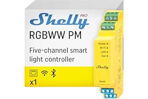 Shelly Pro RGBWW PM, LAN & Wi-Fi Smart Light Controller, Adjustable White Channels (CCT), 5 LED Strips, Lights Remote Control, Power Monitoring, Dimming, No Hub Required, Alexa & Google Home