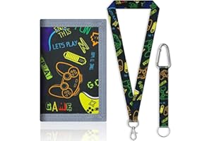 Larfraecy Kids Wallet with Lanyard for Girls Boys Wallets for Teenagers Trifold Coin Purse,ID Window,Key Chain Holder,Adjustable Neck Strap–Cartoon Velcro Wallet for Christmas Birthday Gifts (Gamer)