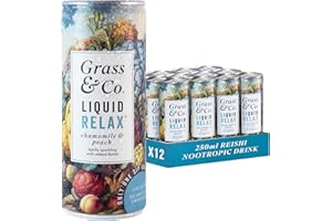 Grass & Co. Nootropics Drinks with Magnesium, Ashwagandha, Vitamin B12, Vitamin B6, Reishi Mushroom & More | Liquid Relax | Chamomile & Peach | Lightly Sparkling | Vegan | 12 x 250ml Cans