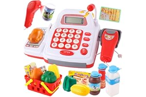 TOEY PLAY 39 Pezzi Registratore di Cassa Supermercato Giocattolo Scanner, Negozi e Accessori Giochi d'Imitazione Regalo per Bambini 3 4 5 6 Anni