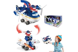 Super Wings Aereo Giocattolo - 2 in 1 Set di Aereoplano con Jett Poliziotto Giocattolo, Giocattolo per Bambini Regalo Bambina 3 4 5 Anni