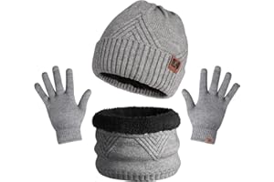 TAGVO Invierno Gorras de Hombre con Bufanda y Guantes Hombre Conjuntos, Set de Bufanda Conjunto de Guantes Táctiles Antideslizante Punto Sombreros Invierno Regalos Hombre Mujer 3 Piezas