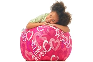 5 STARS UNITED Kids Bean Bag - COVER ONLY - Stuffed Animal Storage - Beanbag Chairs for Kids - 90+ Teddy Plush Toys Holder and Organiser for Girls - 100% Cotton Canvas - Pink Princess