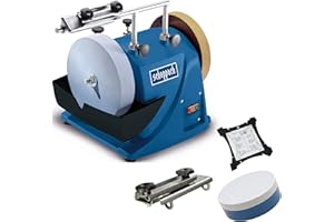 Scheppach Affûteuse à Eau TIGER2000S| Moteur à induction 120W | Meule en corindon supérieur Ø200mm | Dispositif pour outils standard droits | Pâte à poncer | Disque à poncer | Gabarit d'angle