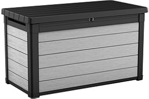 Keter Denali 100 Gallon Resin Large Deck Box-Organization and Storage for Patio Furniture, Outdoor Cushions, Garden Tools and Pool Toys, Grey & Black
