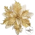 Lot De 12 Fleurs De Noël à Paillettes - Poinsettia Artificiel 15 Cm Avec Clips, Pour Sapin Et Décorations