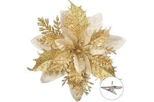 GL-TURELIFES GL-Turelfies - Flores de Navidad con purpurina (15 cm) con 12 clips, flores artificiales de Pascua, adornos para árbol de Navidad, 12 unidades