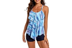 FLYILY Damski 2-częściowy Strój Kąpielowy Tankini z Falbanką Nadruk Top z Chłopięcami Duży Rozmiar Strój Kąpielowy Kostium kąpielowy