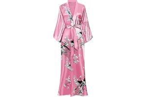 BABEYOND Damen Morgenmantel Maxi Lang Satin Sommer Kimono Blumen Muster Gedruckt Bademantel Kimono Strickjacke Damen Lange Robe Blumen Schlafmantel Girl Pajama Party