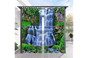 ANHOPE Rideaux D'extérieur Imperméable Rideau Extérieur avec Oeillet Rideaux Imprime Nature Paysage Cascade Rivière Rideau pour Pergola Terrasse Jardin Balcon 132L X 214H cm (2 Panneaux)