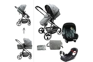 Poussette combinée 3 en 1 - GIULIA - Siège auto BEONE (grp 0+) recommandé 4 étoiles ADAC + base - Sac à langer + habillage pluie - Nania (Gris)
