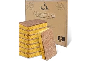 CLEANSTRO Eco Sponge Scourers Pack of 8 Plastic Free Sponges Washing Up Pads - Odor Free Skin-friendly Biodegradable Sponges Washing Up Scrub for Dishes - Sturdy Eco Friendly Compostable Sponge