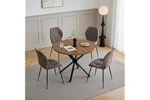 GrandCA HOME Juego de Mesa y Sillas de Comedor, Mesa de Comedor Redonda de 100 CM y 4 Sillas Modernas de Lino, para Comedor, Cocina, Sala de Estar (Oscuro + Marrón)