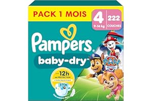 Pampers Baby-Dry, Taille 4, 222 Couches, 9-14kg, A La Rescousse Contre Les Fuites Grâce A Une Protection Intégrale Jusqu'à 12h, Edition Limitée avec La Pat’Patrouille, Pack 1 Mois
