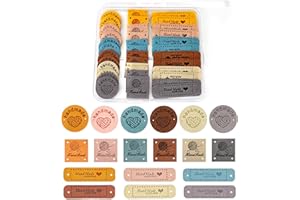 IRENWARL 36stk Handgefertigte Lederetiketten, Handmade Annähen Labels, PU Leder Nähen Etiketten Handgemacht Tags mit Löchern Mikrofaser Kleideretiketten Geprägte Stricken Tag, für DIY Näharbeit Dekor(6 Farben)