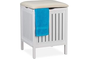 ‎RELAXDAYS Relaxdays Kosz na pranie z siedziskiem, styl wiejski, 40 l, drewno i tkanina, taboret łazienkowy wys. x szer. x gł.: 55 x 41 x 41 cm, biały