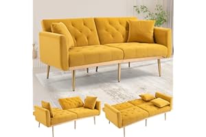 SUPPNEED Sofá de terciopelo, futón convertible en sofá cama, sofá reclinable, patas de metal doradas, 2 cojines, estilo moderno de mediados de siglo, para casa, salón, dormitorio, amarillo