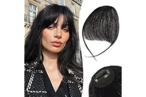 RUWISS Postiche Frange a Clip 100% Cheveux Naturel Humain Wispy Bangs Franges Avec Temples Extension Frange Clip on Bangs pour Femmes(Noir Naturel)
