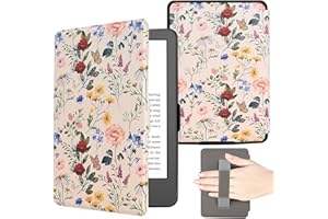 KEROM Case for 6" Kindle Paperwhite 2012-2017 (5th/6th/7th Generation, Model: EY21/DP75SDI), PU Leather Cute Cover Protective Case with Hand Strap, Card Slot, and Auto Sleep/Wake - Colorful Blossoms