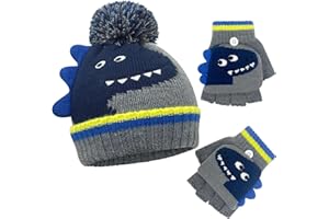 Migliore Wear Kids Winter Gloves Hat Set - Dinosaur Boys Gloves Mitten Fingerless Gloves, Outdoor Winter Kids Hat Set for Boys Girls Age 1-6