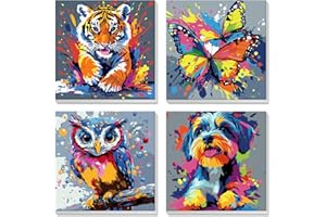 DAERLE 4 Pack Paint by Numbers for Children with Wooden Frame, Tiger, Butterfly, Owl, Dog, DIY Paint by Number for Kids Ages 4-8-12, Easy Paint by Numbers Kits, Kids Paint for Home Wall Decor 20X20 cm