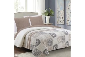 ‎EUROMAT Tagesdecke Steppdecke Bettüberwurf Gesteppte Tagesdecke mit 2 Kissenbezüge 40x40 cm- (Beige Grau Ecru- Antea, 180x220 cm)