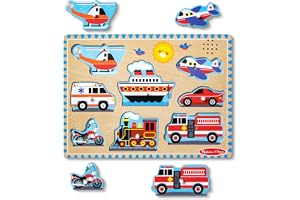 Melissa & Doug Vehicles Sound Puzzle - Wooden Peg Puzzle With Sound Effects (8 pcs)