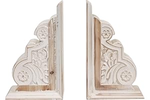 SOFE 1 Pair Rustic Distressed Finish Wood Bookends, White Bookends Decorative Unique, Carved Pattern Farmhouse Book Ends for Shelves, Bookends for Heavy Books, Wooden Corbels for Home Room Decor