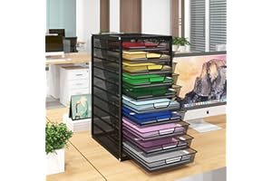 PUNCIA Mesh File Organiser Box 10 Drawers Desktop Paperwork Organiser Office Supplies and Accessories Stationery Storage A4 Paper File Binder Letter Tray Metal Filing Box for Home Office Black