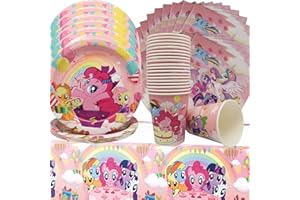 Doyomtoy Pony Einhorn Partygeschirr 61 Stück Pony Themed Birthday Party Set Pony Partygeschirr umfasst Teller Servietten Tassen Tischsets und Tischtücher