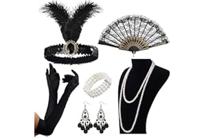 VEGCOO 1920 Accessories for Women,1920s Dresses for Women Vintage Clothing Accessories Including Headband Necklace Gloves Earrings Bracelet Props Set (Black 3)