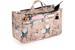 SUMTree Organisateur de sac à main Sac de rangement intérieur 15 poches avec fermeture éclair pour portefeuille,maquillage,clés,petites affaires (fleurs blanches)