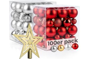 ‎MENZ Menz Weihnachtskugeln 101er Rot & Silber mit Glanz Matt Glitter 3 4 6cm inklusive Sternspitze hochwertige Christbaumkugeln perfekte Weihnachtsdeko für jeden Baum