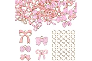Yolev 50 Pcs Pink Bow Charms for Jewellery Making Cute Bowknot Jewellery Charms Enamel Kawaii Charm for Crafting Alloy Pendants With 50 Jump Rings for Bracelet Necklace Earrings DIY Craft Supplies