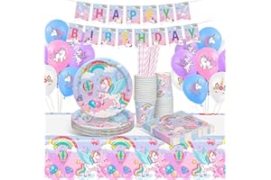 yosiio Einhorn Partygeschirr Set, 16 Gäste Einhorn Geburtstagsdeko Mädchen, Pappteller Kindergeburtstag Deko, Einhorn Luftballons Pappteller Einhorn Servietten Pappbecher Tischdecke für Einhorn Party